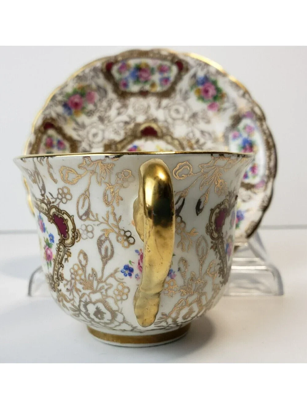 Vintage James Kent Demitasse Teacup & Saucer Pompadour England Gold Floral